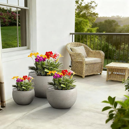 Kante 19.9",15.7",11.8" Dia Round Concrete Planter Set of 3, Outdoor/Indoor Large Bowl Plant Pots with Drainage Hole and Rubber Plug for Garden Patio Balcony Home, Weathered Concrete