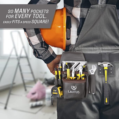 LAUTUS Oil Tanned Leather Tool Belt Rig, Carpenter, Construction, Framers, Handyman - 100% LEATHER |Adjustable Pockets| 8 Pockets | 4 Loop & Hammer Holder|