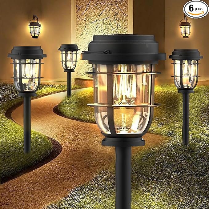 Bright Solar Pathway Lights Outdoor, 6 Pack Waterproof IP65, Auto On/Off Solar Powered Garden Lights for Yard Lawn Walkway Landscape Pool Outside - 3-in-1 Hanging, Tabletop & Stake Lighting