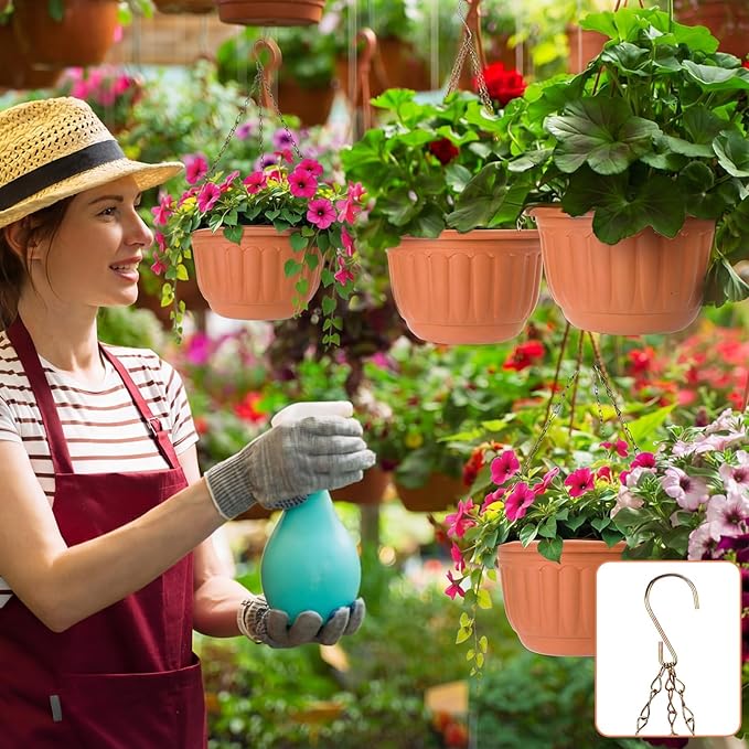 12 Sets Hanging Planters for Indoor and Outdoor Plants Terracotta Self Watering Hanging Basket Flower Pots Plastic Plant Pots with Drainage Hole and Absorbing Tray (10 Inch)