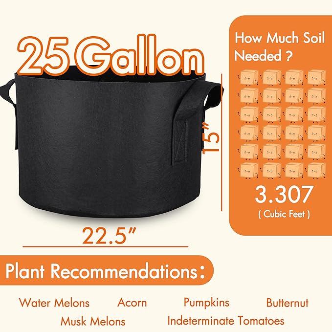 Gardzen 25 Gallon Grow Bags 6-Pack, 500G Thick Nonwoven Fabric Pots with Waterproof Liner & Breathable Bottom, for Hot Dry Climates