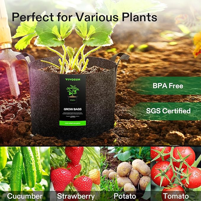 VIVOSUN 10-Pack 5 Gallon Grow Bags, Reinforced Planter Fabric Pots for Gardening Black