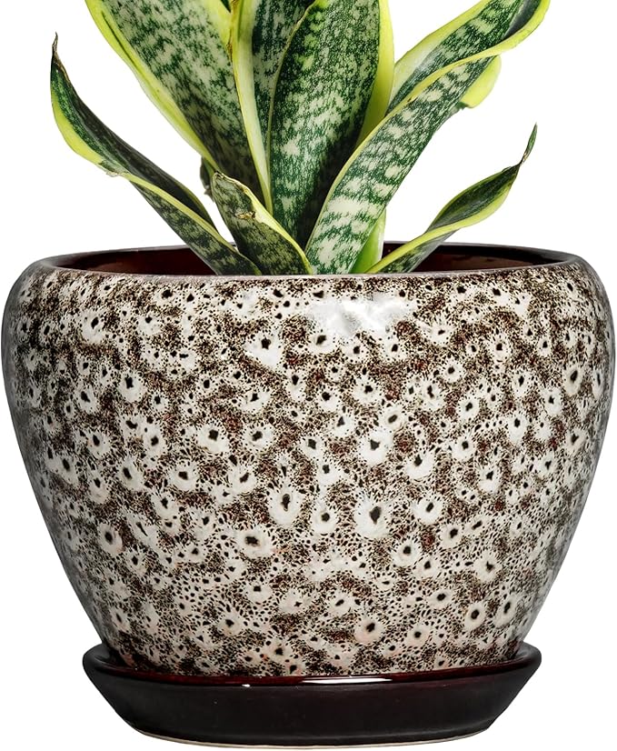 6 Inch Pots for Plants - Ceramic Plant Pots with Drainage Hole and Saucer, Round Planters for Indoor Plants Outdoor, Decorative Planter, Home Decor, Gifts for Plant Lovers, White Leopard