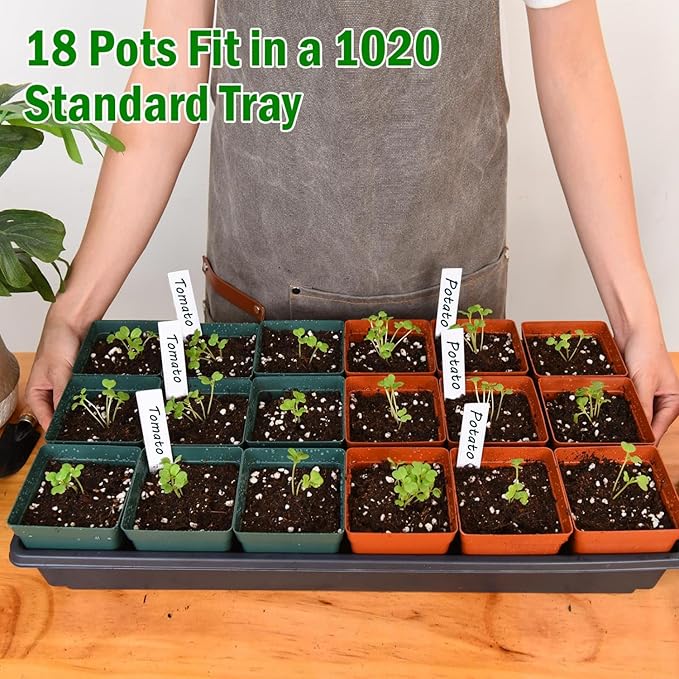 June Fox 100 Pack Green Red Square Nursery Pots with Drainage Holes 3.3 Inches Flexible Plastic Seedling Pots Square Pots for Plants, Succulent, Flower, with Plant Labels
