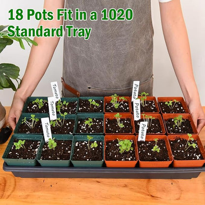 June Fox 100 Pack Green Red Square Nursery Pots with Drainage Holes 3.3 Inches Flexible Plastic Seedling Pots Square Pots for Plants, Succulent, Flower, with Plant Labels