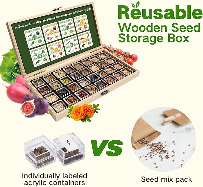 Lush&Dew Raised Garden Bed Heirloom Seed Bank, 32 Varieties 30,000+ Non-GMO Seeds for Planting Vegetables Herbs Fruits Year-Round, Gardening Gifts for Women Men, Survival Seed Kit for Food Suppies