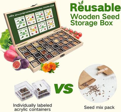 Lush&Dew Raised Garden Bed Heirloom Seed Bank, 32 Varieties 30,000+ Non-GMO Seeds for Planting Vegetables Herbs Fruits Year-Round, Gardening Gifts for Women Men, Survival Seed Kit for Food Suppies
