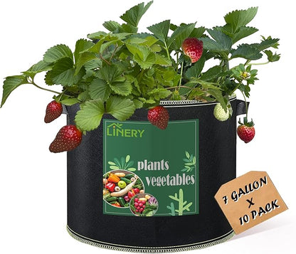 LINERY 10-Pack 7 Gallon Grow Bag Planting Black Heavy Duty Thickened Grow Bag with Handles Non-Woven Fabric Plant Pots (10-Pack 7 Gallon)
