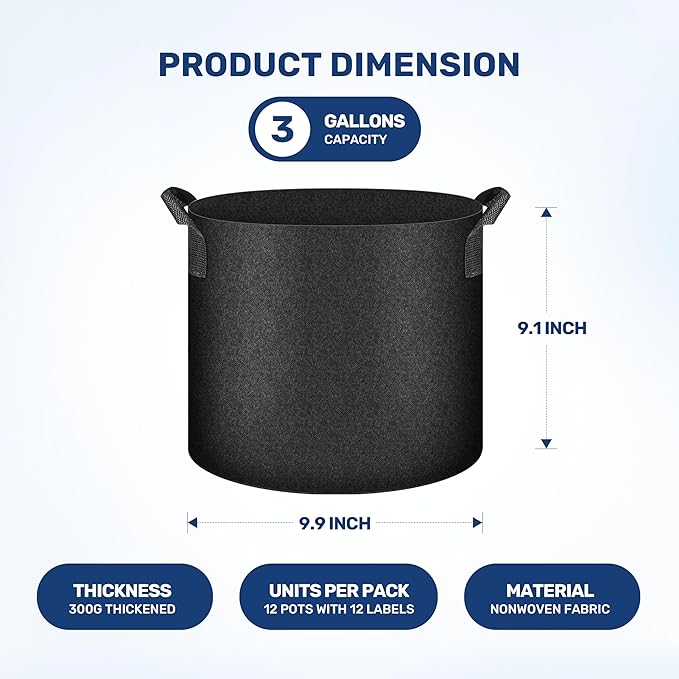 YSSOA Grow Bags 12 Pack 3 Gallon 300G Reusable Breathable Gardening Pots with Handles Non-Woven Fabric Plant Bags, Heavy Duty Planting Bags for Grow Tent Hydroponic & Outdoor Vegetables Tomatoes