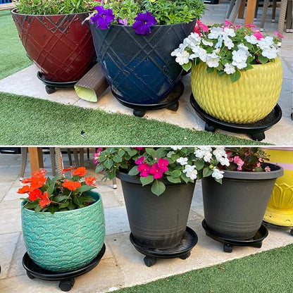 8 Packs Plant Caddy with Wheels 11.8" Plastic Rolling Plant Stands Heavy-Duty Plant Dolly with Casters Indoor and Outdoor Plant Roller Base Large Heavy Plant Pot Saucers with Wheels, Black + Brown