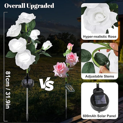 Solar Rose Lights Outdoor, 2 Pack with 14 Rose Flowers Waterproof Color Changing LED Flower Lights, Solar Powered Garden Stakes for Yard, Patio, Pathway Decor - Artificial Floral Decorative Lighting