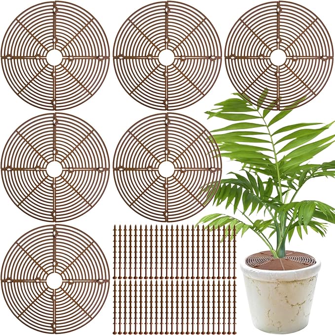 11.8 Inch Plant Pot Grid,6 Pack Plant Pot Soil Covers Protectors with 48 Stakes,Cat Pet Digging Stopper for Indoor Outdoor