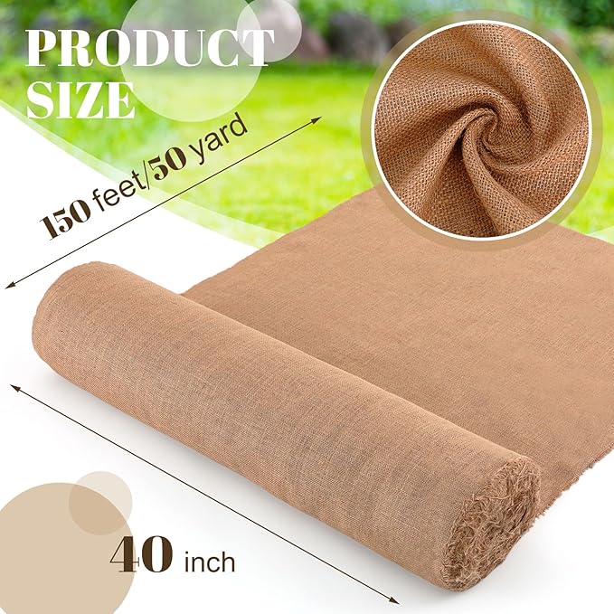 Buryeah Burlap Fabric Roll 40 x 150 ft Gardening High 50 Density Burlap Tablecloth Gift Bags Winter Tree Wrap Runner Wedding Banner Weed Barrier Carpets Plants Natural Jute for DIY Raised Bed Liner
