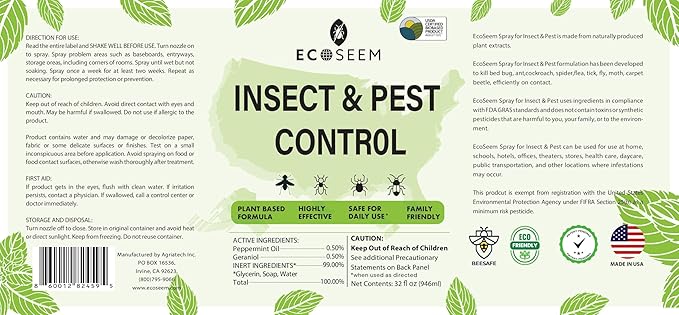 Peppermint Oil Spray for Bugs, 32 Oz Insect & Pest Control Spray for Bed Bug, Ants, Mite and Flea, All Natural Plant Extract Based Spider Repellent Indoor, Child & Pet Safe