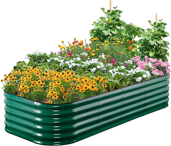 Quictent Galvanized Raised Garden Bed Kit, 6x3x1.5 ft Oval Metal Planter Box Tall for Vegetables Outdoor Backyard, Strengthened by Crossbar, Dark Green