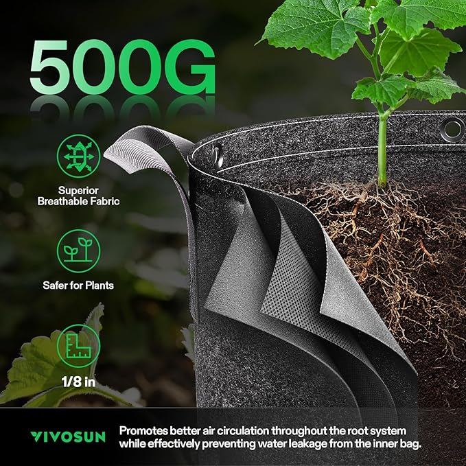 VIVOSUN 10-Pack 25 Gallon Grow Bags, 500G Thick Nonwoven Fabric Pots with Strap Handles, Multi-Purpose Rings, for Low Stress Plant Training Fruits, Vegetables, and Flowers