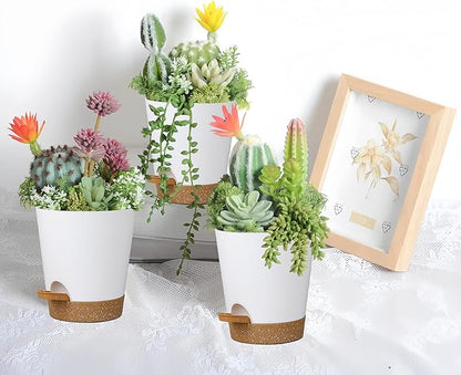 12 Pack 4 Inch Self Watering Plant Pots with Drainage and Saucers，Plastic Flower Pots for Indoor and Outdoor Plants, Nursery Planters for Houseplants and Herbs White Brown, 4 inch 12pcs
