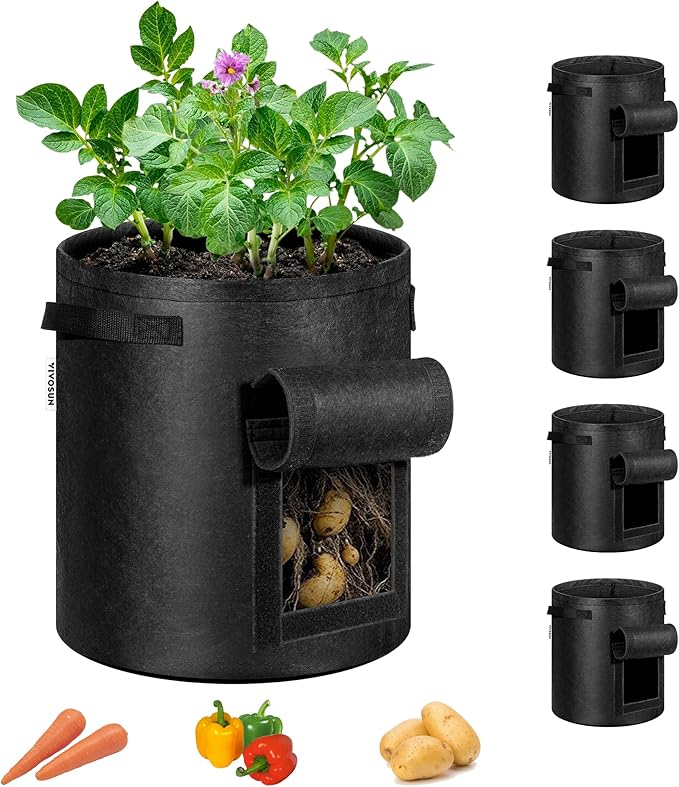 VIVOSUN 5-Pack 10 Gallon Potato Grow Bags for Growing Potatoes, Fabric Potato Pots with Handle and Roll-up Window, Potato Growing Containers Potato Planter Potato Planter for Growing Potatoes, Black