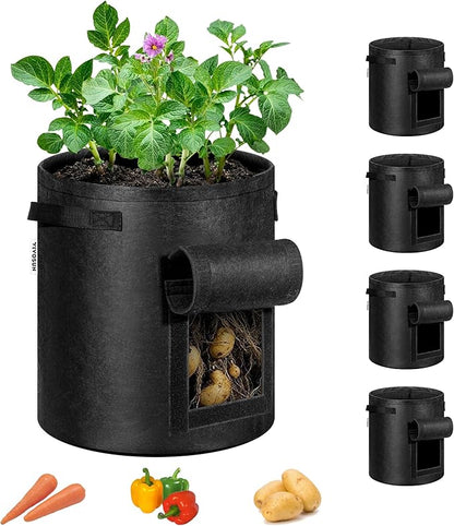 VIVOSUN 5-Pack 7 Gallon Potato Grow Bags, Fabric Pots With Handle and Roll-up Window, Planter Containers for Growing Potatoes, Black