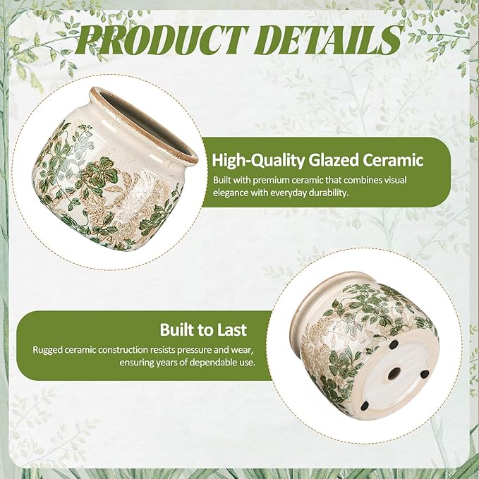 1 Pcs Vintage Planter Large Ceramic Plants Pot Beige Green Leaves Crack Cottage Scroll Vase Flower Vase Pot Indoor Plants Home Kitchen Decor Farmhouse Antique Decorative Gift