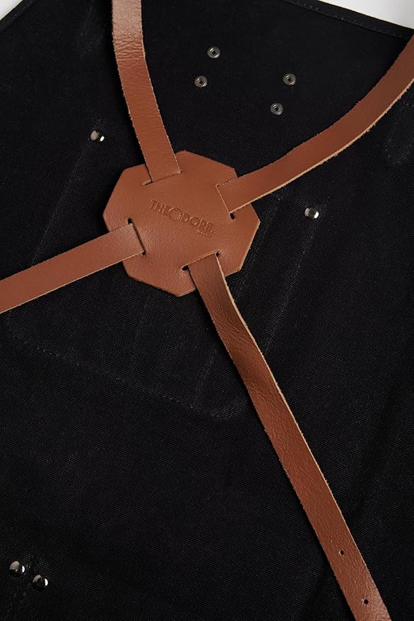 Theodore Waxed Canvas Work Apron - Cross Back with Leather Straps, 14oz Heavy Duty Canvas, Multi-Pocket Utility