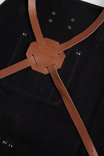 Theodore Waxed Canvas Work Apron - Cross Back with Leather Straps, 14oz Heavy Duty Canvas, Multi-Pocket Utility