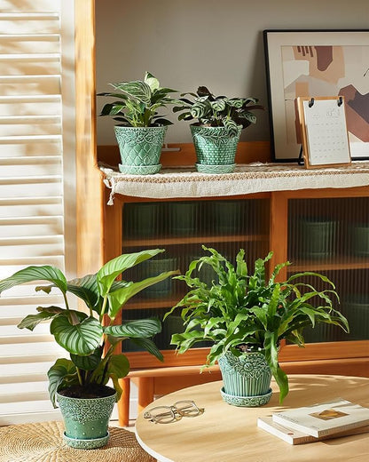 Ceramic Plant Pots, 5.8 Inch Flower Pots for Indoor Plants, Planters with Drainage Hole & Saucer, Green Planters for Succulent, Orchid, Cactus, Home Decor, Set of 4, Green