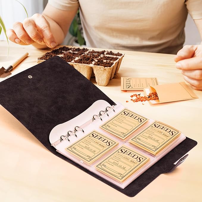 Seed Storage Organizer, Seeds Packet Binder with 100 Envelopes Garden Seed Packet Organizer Seed Collecting Template for Garden Vegetable, Flowers (Slot 2.8'' x 3.55'')