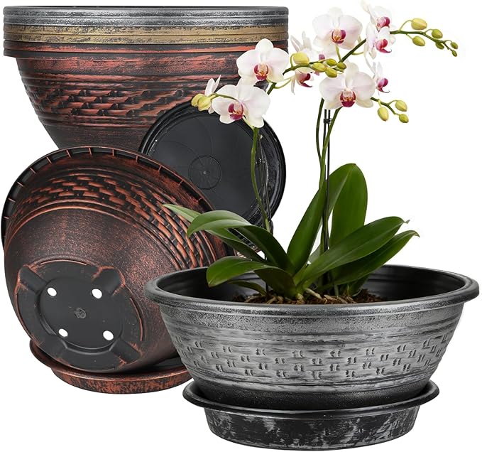 NIKONIKO 12 Inch Plant Pots, 6-Pack Plastic Woven Look Ripples Planters with Drain Holes & Trays, Retro Design Flower Pots for Indoor and Outdoor Plants