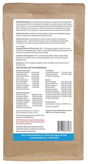 Down to Earth Soluble Root Zone - Mycorrhizal Fungi and Beneficial Bacteria - Soil and Root Inoculant for Plants, 16 oz