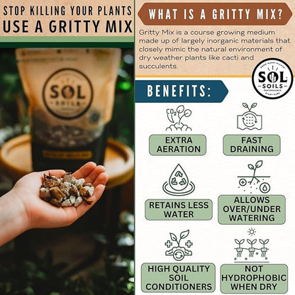 Sol Soils Succulent Gritty Mix 1 Gallon - Fast Draining Peat Moss Free Succulent Soil Potting Mix with Coconut Husk Chips, Perlite & Pumice