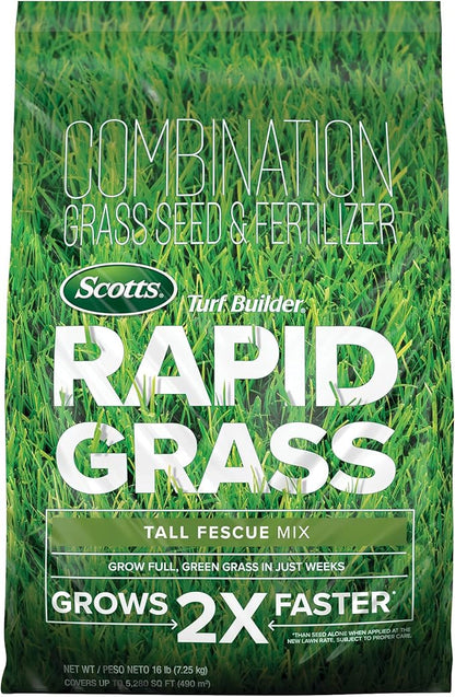 Scotts Turf Builder Rapid Grass Tall Fescue Mix - Combination Grass Seed and Fertilizer for Lawns, Lawn Seed That Grows in Just Weeks, 16 lbs.