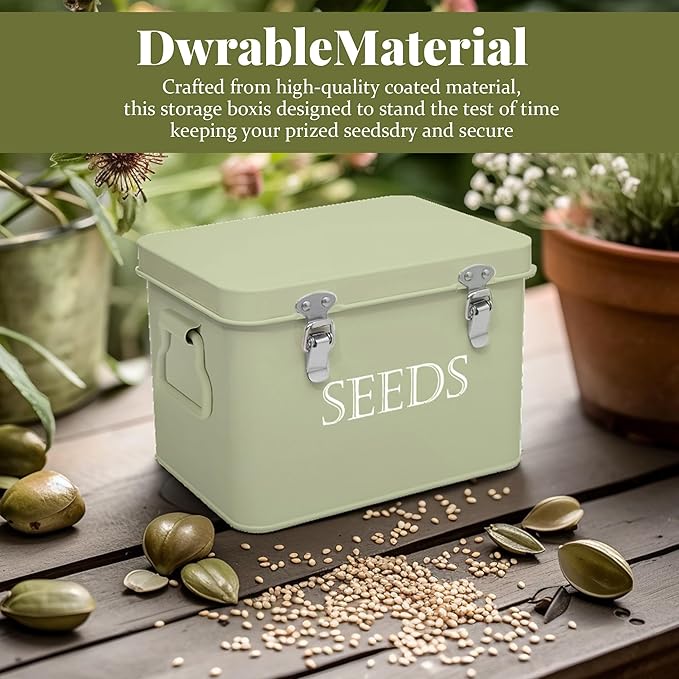 Seed Storage Box, Professional All-in-one Kit with 2 Pens, 20 Plant Labels and 50 Seed Envelopes, Metal Storage Organizer, Saving Box, Seed Packet Container, Green