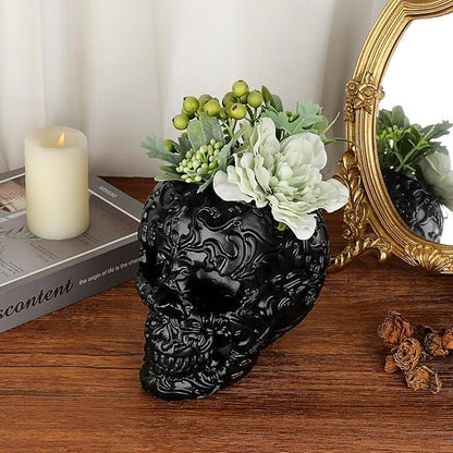 OwnMy Resin Skull Planter for Indoor Plants, Black Skull Flower Succulent Pot with Drainage Holes, Halloween Skulls Head Planter Decorative Small Succulents Planters Pot for Tabletop