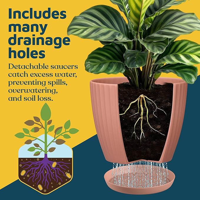 Pink 6-Inch Plant Pots with Drainage & Saucers 12 Pack, Indoor & Outdoor Planters for Houseplants, Herbs, and Flowers, Durable & Weatherproof Material, Stackable, Lightweight, Minimalist Design