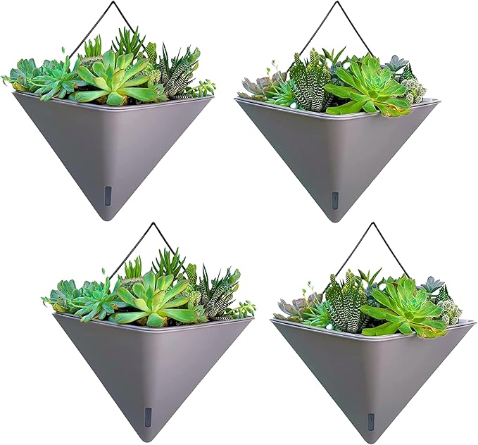 LaLaGreen Wall Planters for Indoor Plants - 4 Pack, 12 Inch Large Self Watering Gray Geometric Hanging Flower Vase Vessel with Metal Hanger, Modern Stylish Wall Mounted Succulent Pot Holder Decor