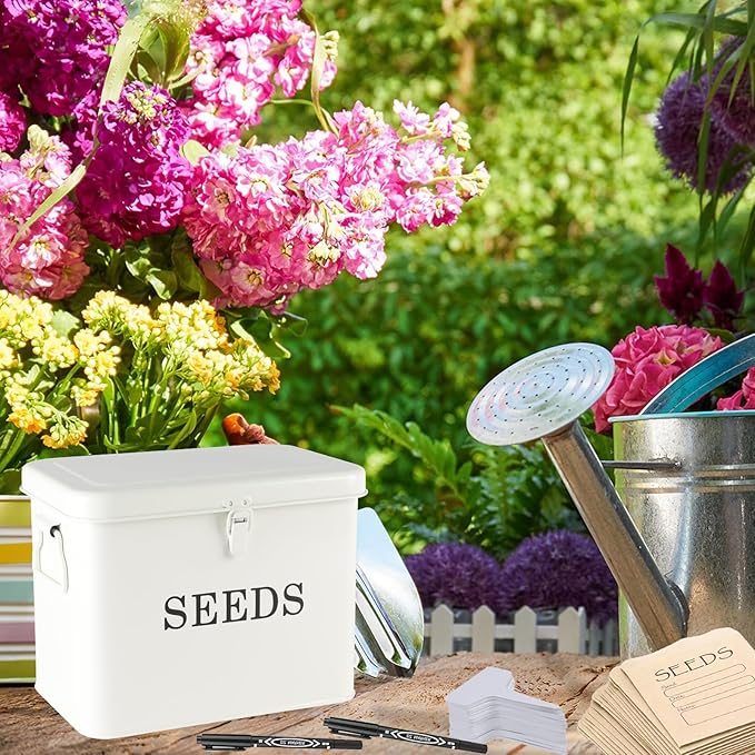 3 Dividers Seed Storage Box, Metal Seed Box Seed Storage Organizer with Safety Lock, Portable Garden Seed Bin, Professional All-in-one Kit, White