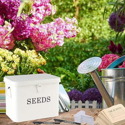 3 Dividers Seed Storage Box, Metal Seed Box Seed Storage Organizer with Safety Lock, Portable Garden Seed Bin, Professional All-in-one Kit, White