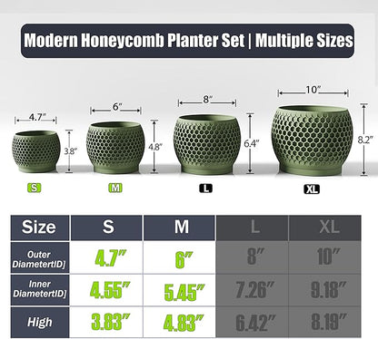 Plant Pots, Modern 3D Printed Honeycomb Planters for Indoor Plants, 4.7/6 Inch Military Green Decorative Flower Pot for Office Desktop, Bookshelf & Home Decor, Lightweight & Durable.
