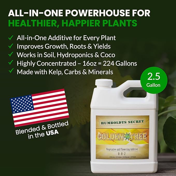 Humboldts Secret Golden Tree Liquid Plant Food | Enhances Growth Indoors or Outdoors | All-in-One Plant Nutrients for Vegetables, Trees, Flowers, Fruits, Roses, Lawns, Tomatoes | 2.5 Gallon