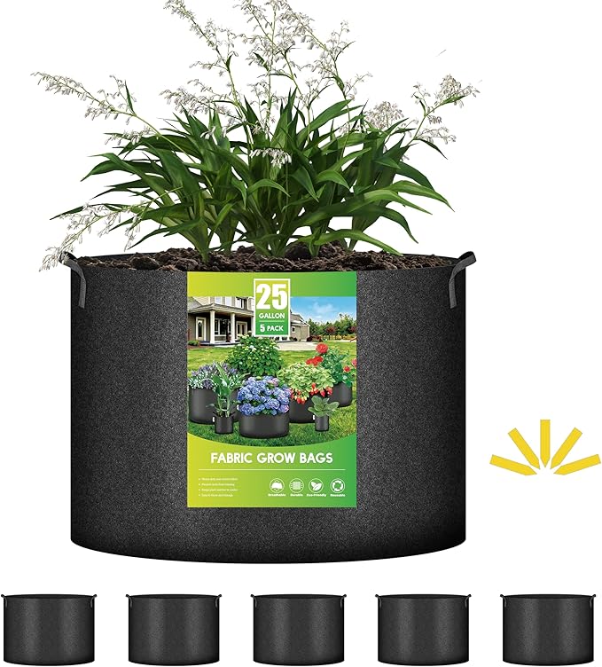 iPower 5-Pack 25 Gallon Plant Grow Bags Thickened Nonwoven Aeration Fabric Pots Heavy Duty Durable Container, Strap Handles for Garden, Black
