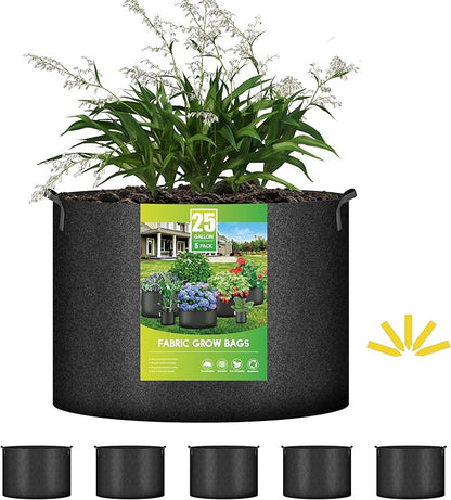 iPower 5-Pack 25 Gallon Plant Grow Bags Thickened Nonwoven Aeration Fabric Pots Heavy Duty Durable Container, Strap Handles for Garden, Black