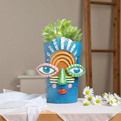 Picasso Abstract Face Flower Pot,Plant Pot with Facial Expressions,Handmade Resin Plant Pot with Drainage Holes,for Indoor and Outdoor Botanical Home décor (Blue Large)