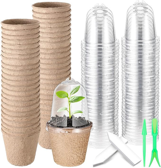 Baderke 120 Pcs Biodegradable Nursery Pots with 30 Humidity Dome and 30 Labels, 3.15" Plant Nursery Seed Starter Planter Biodegradable Peat Pots for Planting Seedlings, Vegetables (Round)