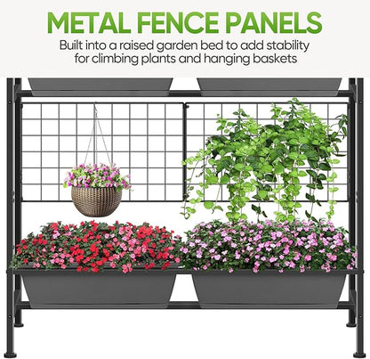 CADUKE Raised Planter Box, Plastic Raised Garden Bed with Legs, Standing Planter Box with Drainage Holes & Trellis, 32" Elevated Flower Beds Outdoor & Indoor for Vegetables, Balcony, Patio, Grey