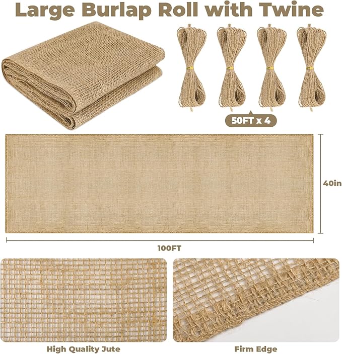 40" x 100 Ft Natural Burlap Fabric Roll with 4 Free Jute Twines - Garden Burlap Wrap for Trees, Winter Plant Protection, Weed Barrier, Raised Bed Liners, Craft & Aisle Runner