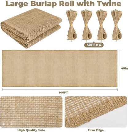 40" x 100 Ft Natural Burlap Fabric Roll with 4 Free Jute Twines - Garden Burlap Wrap for Trees, Winter Plant Protection, Weed Barrier, Raised Bed Liners, Craft & Aisle Runner