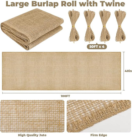 40" x 100 Ft Natural Burlap Fabric Roll with 4 Free Jute Twines - Garden Burlap Wrap for Trees, Winter Plant Protection, Weed Barrier, Raised Bed Liners, Craft & Aisle Runner
