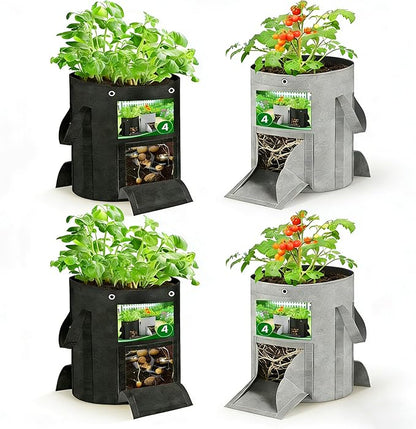 10 Gallon Grow Bags 4-Pack with Viewing Window & Harvest Flap, Heavy Duty Non-Woven Fabric Potato Grow Bags with Reinforced Handles for Vegetables, Tomatoes, Carrots, Onions