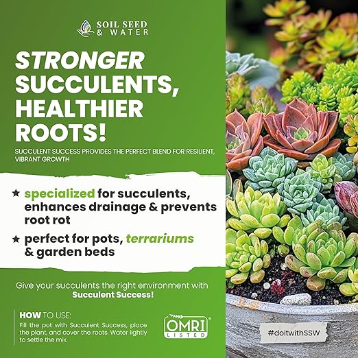 Soil Seed & Water Succulent Success Potting Mix – Fast-Draining Soil for Succulents, Cactus & Houseplants - Indoor and Outdoor Mix - OMRI Listed